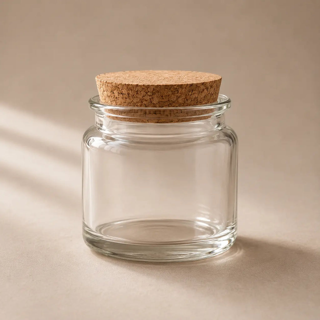 Frasco / vaso de vidrio con tapa corcho para velas (90g de cera)