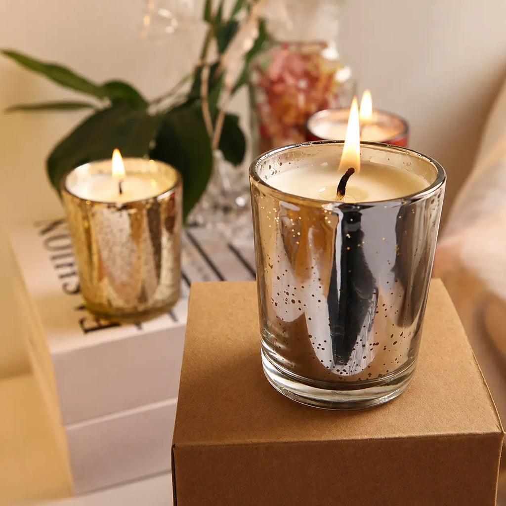 Frasco / vaso de vidrio platado para velas (92g de cera)