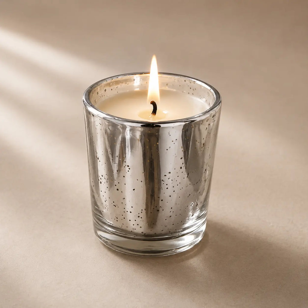 Frasco / vaso de vidrio platado para velas (92g de cera)